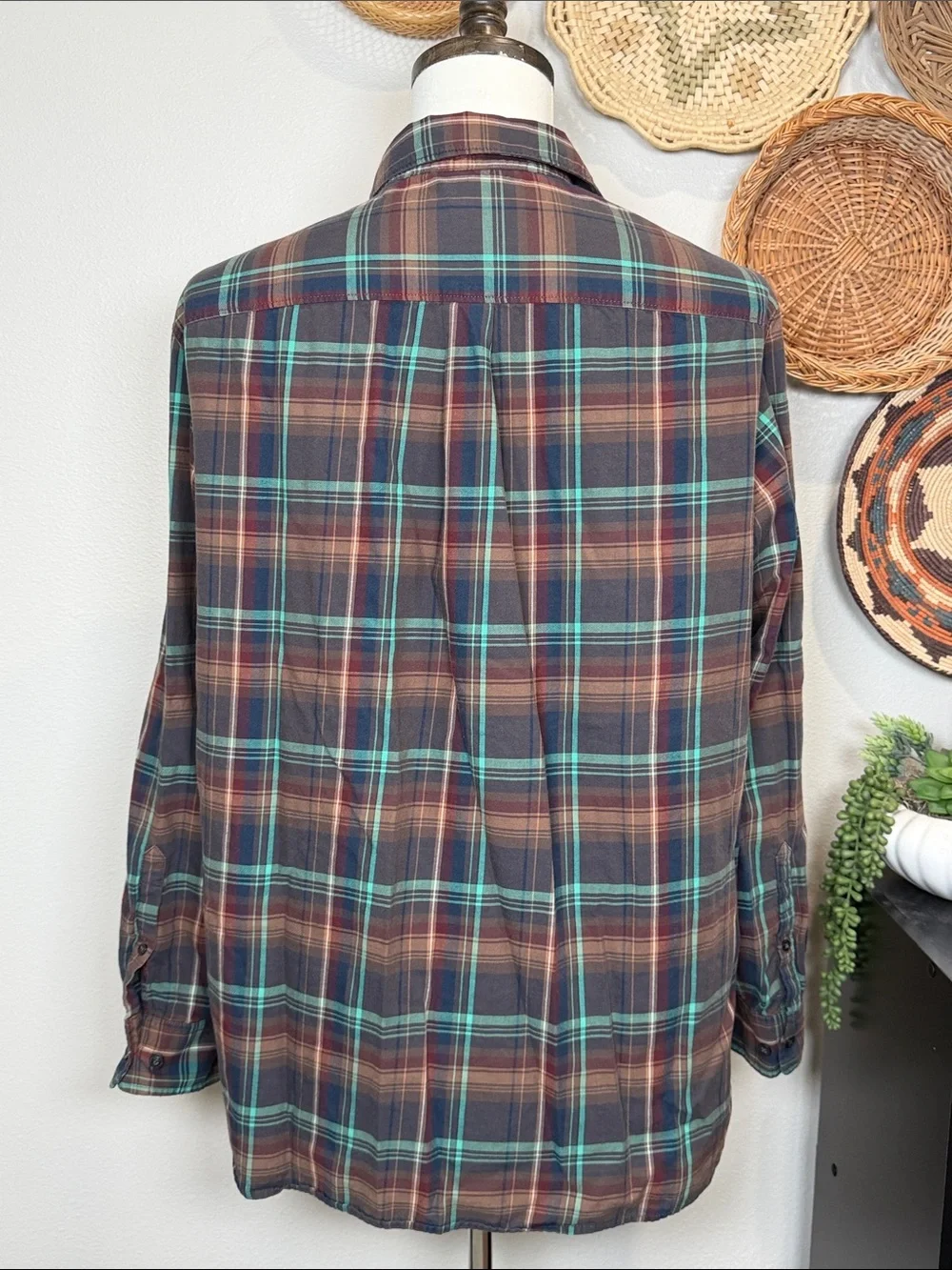 Mens The North Face Button Up Shirt Blue Brown Turquoise Plaid Size X-Large